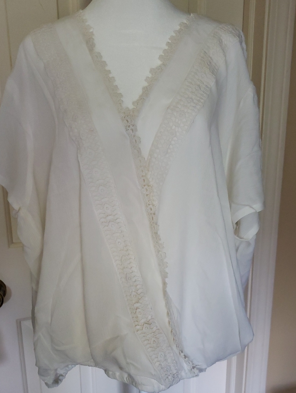 New York & Company Ivory Lace-Trim Faux Wrap V-Neck Blouse Size XXL